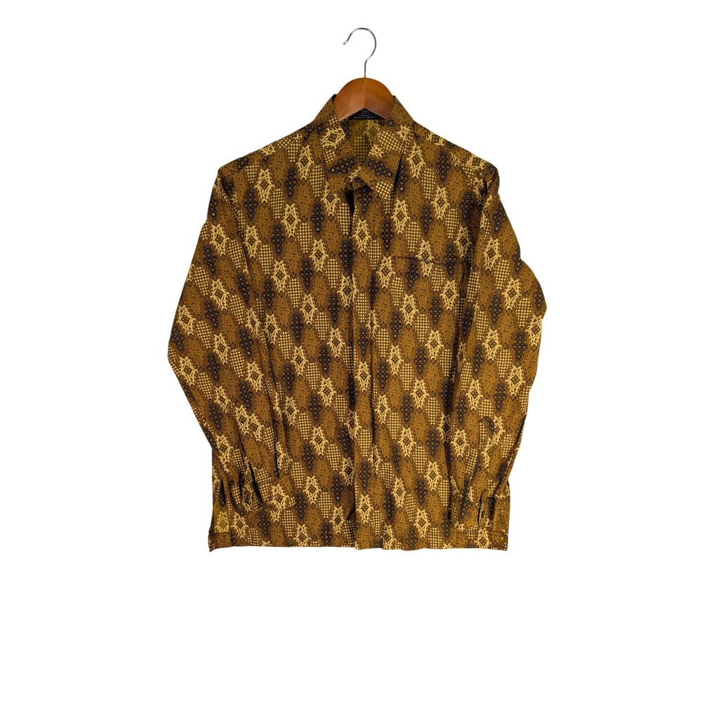 Exclusive Batik Shirt Mens XL Long Sleeve Button Down Brown Yellow Indonesia
